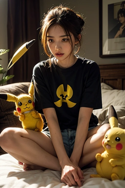 Uma adolescente, no one else in the background, delicate features, olhos grandes, sensual lips, corpo sexy musculosa, golden ratio, franja, cabelos cacheados, cabelo rosa claro, peito alto, camiseta Pikachu seios grandes, barriga, uma muito bonita, cabelo azul claro, Anime 5 dormir, Computer Graphics, sob arte, peito grande e bonito, peito super grande, Peito apertado, roupas apertadas,Caminhada Quadrada, rastreamento de raio,Brilhante,