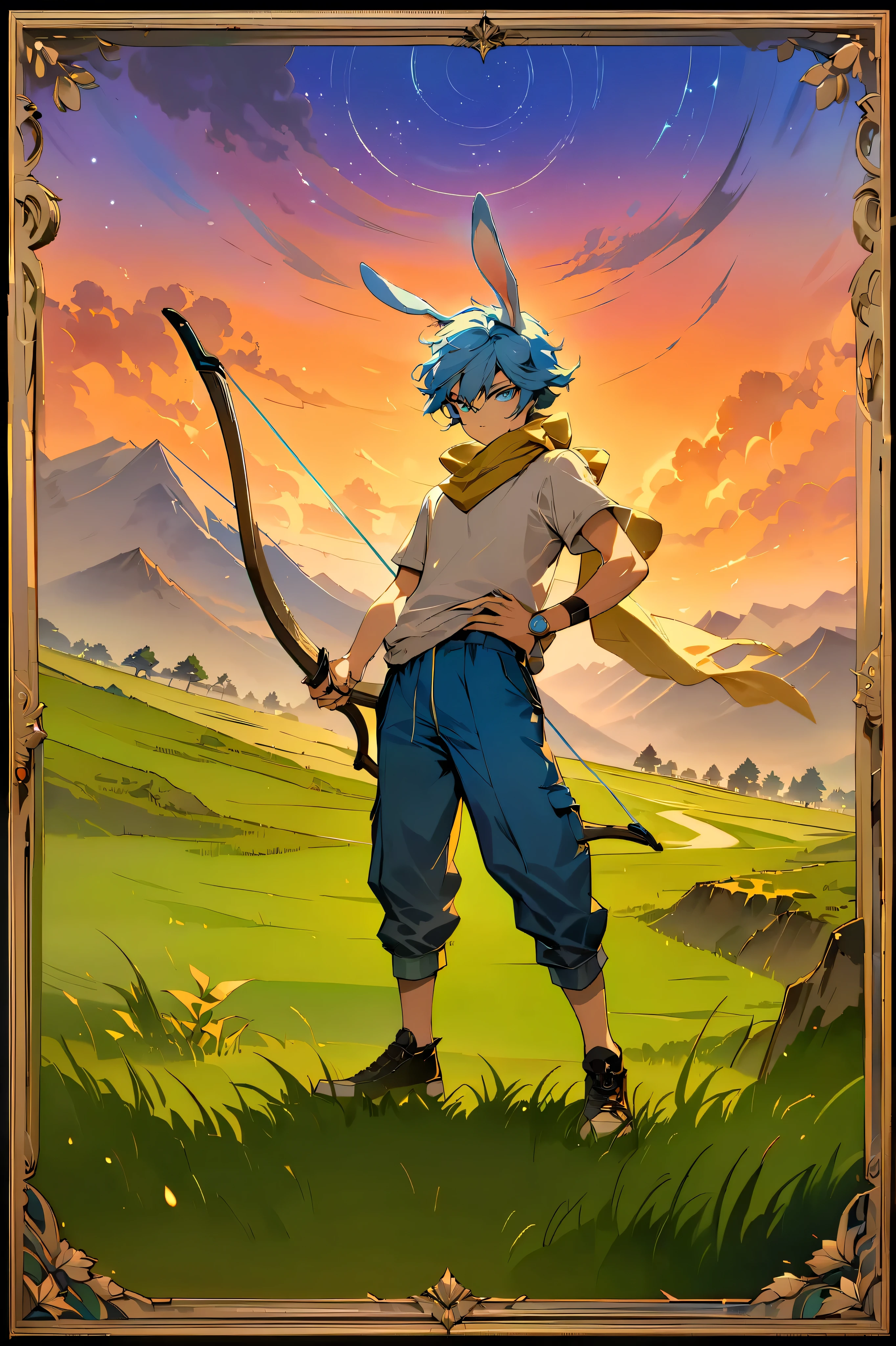 塔罗牌,类似扑克牌K,In the center of the picture is a boy with rabbit ears. A ten-year-old boy, all blue, sky blue rabbit ears, sky blue hair, standing on the grassland, holding a bow and arrow, posing for archery, jungle archer, gorgeous and detailed bow and arrow, the rabbit-eared boy's eyes are very vigilant looking forward, as if there is an enemy in front, ready to fight at any time, focused archery posture, side face, side face, full body image, the boy presents bravery and alertness; with a sky blue modern urban style fashion sweatshirt, a modern urban style fashion sky blue pants, a yellow scarf around the rabbit-eared boy's neck. He is standing on a vast green grassland, the grass is lush, dense grass, covering the boy's shoes; in the distance is an endless mountain range, many mountains, there are mountains near and far, green, there are many plants on them, there are many clouds in the sky, the sunset is setting, and the clouds in the sky are dyed orange by the sunset. At this moment, a leaf floats past his eyes, creating dramatic lighting, a light breeze around, and an empty expression that suggests a new power rising from destruction. The outermost edge of the picture is designed with a gorgeous outer frame as decoration, a tarot-style outer frame, mysterious and full of magic. Grassland, bright lights, ultra-high definition, fractal magic, Travis Charles style illustration, ink line drawing, poster, CG society, fantasy art, detailed illustration, mysterious, detailed, surrealism, symbolism and surrealism elements, detailed design,