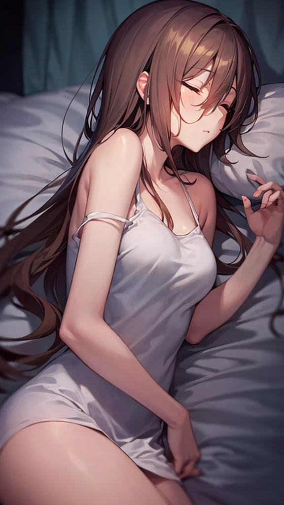 A girl peacefully sleeping in her bed, soft lighting, a gentle glow around her head, calm and serene atmosphere, night setting