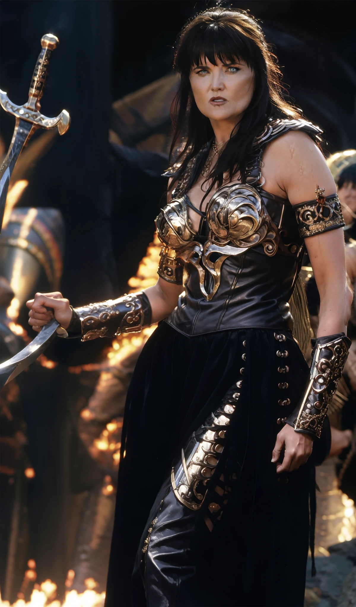 "(Lucy Lawless as Xena, Warrior Princess, UHD, dark fantasy)"