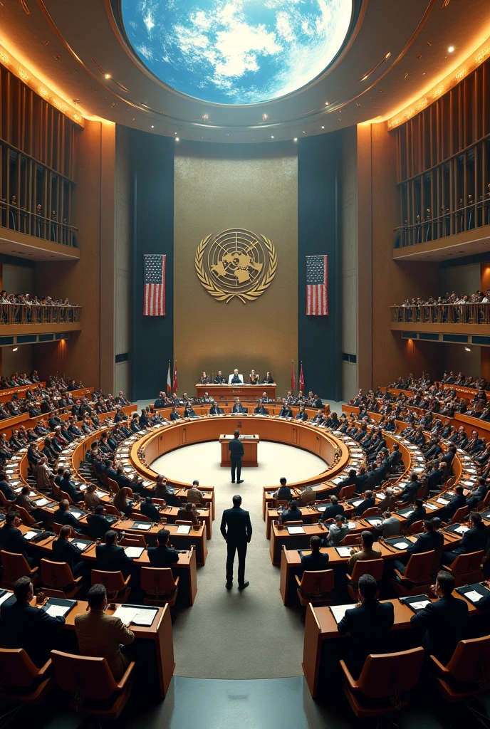 Behind the scenes of a man making a bold speech at the UN conference hall、Suits、Amazing crowd of people々、