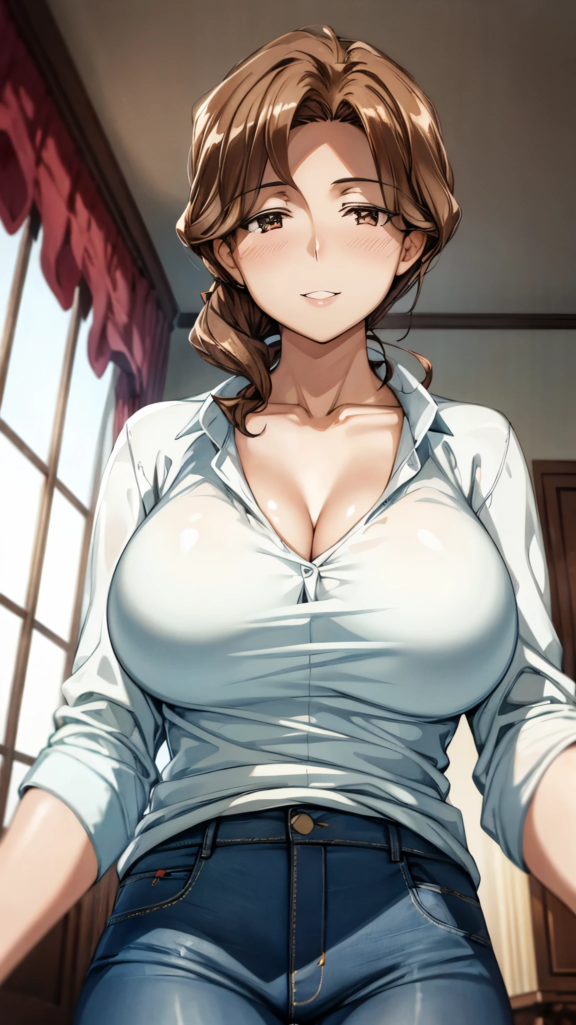 （super quality,super high resolution,16k,Super Masterpiece,Ultra HD ,detailed shading and background,）shot from below,sexy mature woman, Sexy White Shirts,cleavage,necklace,Big Breasts, denim pants,cover,maternal smile,thick lips,living room,