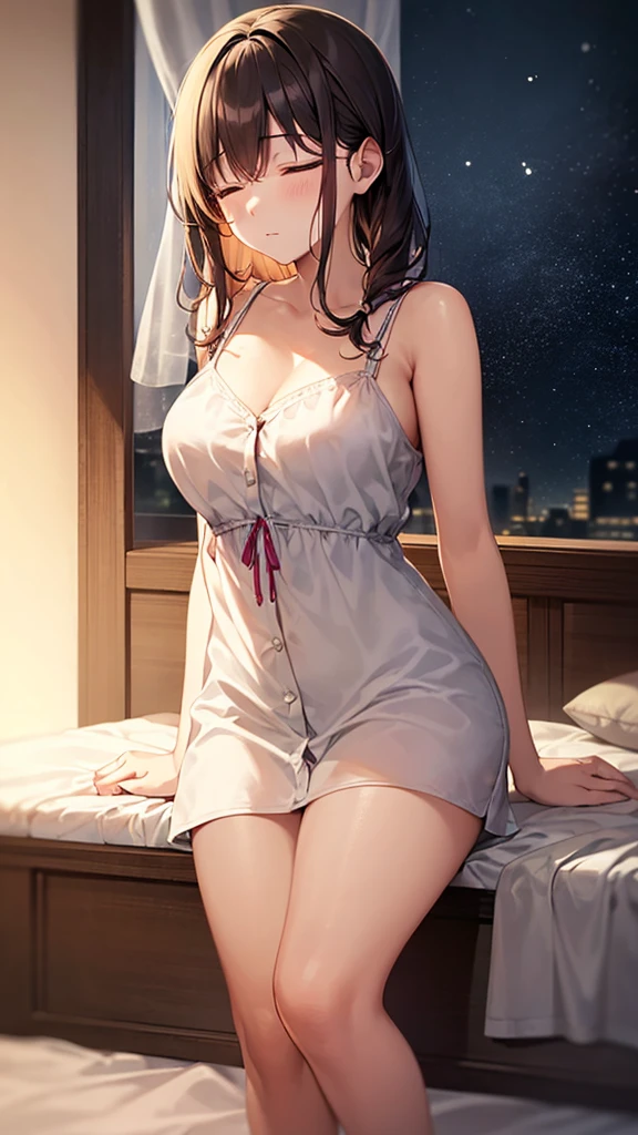 Highest quality,Highest Resolution,Beautiful smiling girl in a bathrobe gown,Cat ear,Big Breasts,Brown hair short bob,Bedroom,whole body,front,Night view outside the window,Very beautiful eyes,(((eye shadow))),(((Eyebrows))),(((makeup))),