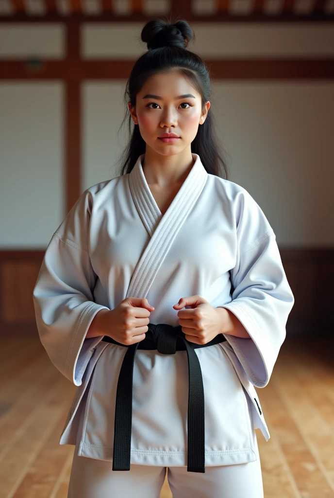 (8k、RAW photo、image quality、、、、、、table top:1.2)、(realistic、Photoreal:1.37)、Japanese female judoka、Black belt white long sleeve judo gi、Cowboy composition、front line view、dark tatami room、solemnity、dignified atmosphere、muscular upper body、A threatening posture with arms crossed