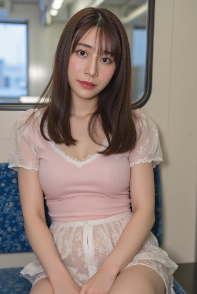 On the train, high school sophomore, sugar daddy, panties visible under miniskirt, ((full body)), ((photo)), ((best qualtiy, 8K, tmasterpiece:1.3)), Focus:1.2, perfect figure beautiful girl:1.4, 1girl, cowboy shot, look at viewer, eyes facing the camera, incredibly absurd, beautiful and cute girl with a photorealistic face, showcasing top-quality craftsmanship, Japanese girl sitting on a train seat late at night, 15 years old, long black hair, straight, see-through bangs, fair skin, large eyes with droopy eyes, jet black eyes, naturally thick eyebrows, long eyelashes, straight nose, thin lips, cute smile with upturned corners of the mouth, slightly sunken cheeks, small face, average build, delicate, slender, long fingers, long limbs, long nails, beautiful D-cup breasts, pale pink sleeveless top, white miniskirt, delicate strap sandals, silver necklace, scarf around neck, small shoulder bag, beautiful girl, ladylike, neat, gentle, laid-back, shy, well-bred, August