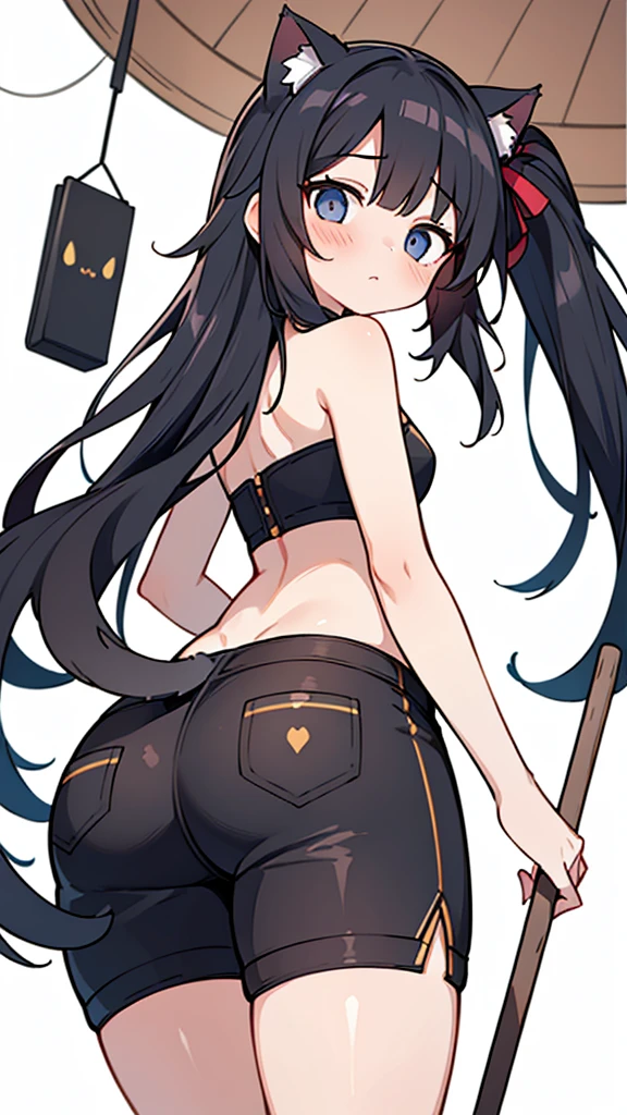 Take from behind: Cute black rock shooter with tight black shorts and a cute belt and wearing a crown cute crop top bending over slightly lewd