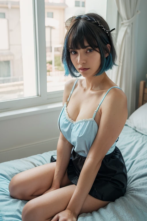 best quality, girl wears unbuttoned shirt, ((looking at viewer)), dark blue hair, black eyes, very short hair, spiky hair, ahoge, panties, 171cm, messy hair, hair between eyes, flat breasts, plump, dark skin, tomboy, adult, 20 years old, 1girl, solo, sole, grin, wide hips, thighs, standing, messy room, bedroom, shelves, DVDs, books, video games, computer, CDs, vinyl records, VHS tapes,