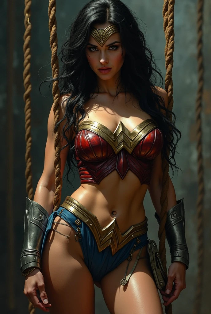 ((vestindo um traje rasgado da Superheroina WonderWoman))、Mulher bonita, com 39 anos, with visible slender abs:1.4、Pacote ABS Six:1.4、Busto de Botox、((Ponta saindo、the areola protrudes、the shape of the pubic area is clearly visible))、(Totalmente amarrado com uma corrente)、Containment、escravo、gargantilha、sneer、((tears flow、choro de dor))、sweating、((a vast prison))、fantasia sombria、Teto descascado、Quebra de laje、rebar between cracks、Paredes quebradas、(((terno rasgado)))、Wet、nublado、((acorrentado))、((Grande destaque das redes))、((Barra de ferro na virilha))、((hands tied behind from the back、Invisible hand))、(Sem pantie、no-bra)、Trajes desafiados, Sucata、There is blood on the face、Blood is splattered、real、(hematoma、sujo、roupas rasgadas、roupas desleixadas、sangue:1.3)、brown hair、cabelo comprido、capa rasgada、torn pantyhose、pernas longas、Uma perna suspensa por uma corrente、Metal shackles、The handcuffs on his left ankle are chained from the ceiling.、Wet crotch is clearly visible、atirando de baixo、Anatomical、(futuristic sci-fi battle fashion、Cotovelo e joelho trincados cyberpad、barefoot 、((The left leg is stretched upwards by a chain of handcuffs)) 、The chain is tense.