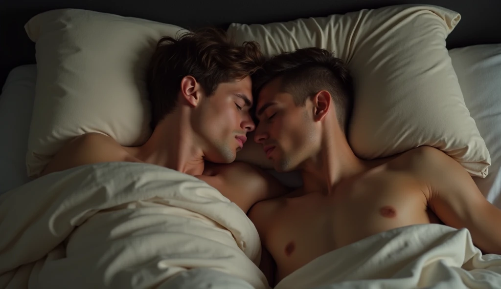 Two young teenage boys on a bed only wearing underwear while kissing each other