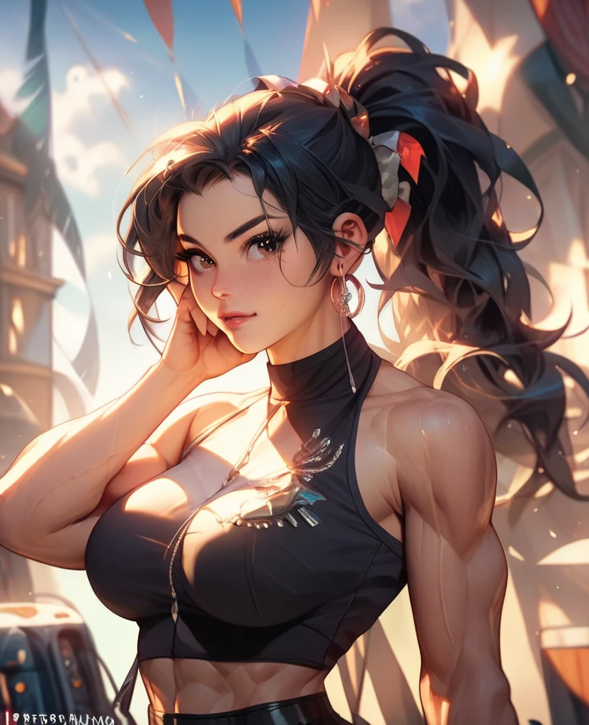 (Zendaya:Evangeline Lilly) ,sitting on some stairs, ripped jeans, tank top, ((pulls up her shirt)) , slightly muscular, Beautiful anime waifu style girl, hyperdetailed painting, luminism, art by Carne Griffiths and Wadim Kashin concept art,  post-apocalyptic background, abstract beauty, approaching perfection, pure form, golden ratio, minimalistic, dark atmosphere, unfinished, concept art, intricate details, 8k post production, high resolution, hyperdetailed, trending on artstation, sharp focus, studio photo, intricate details, highly detailed, by Jon Bauer
