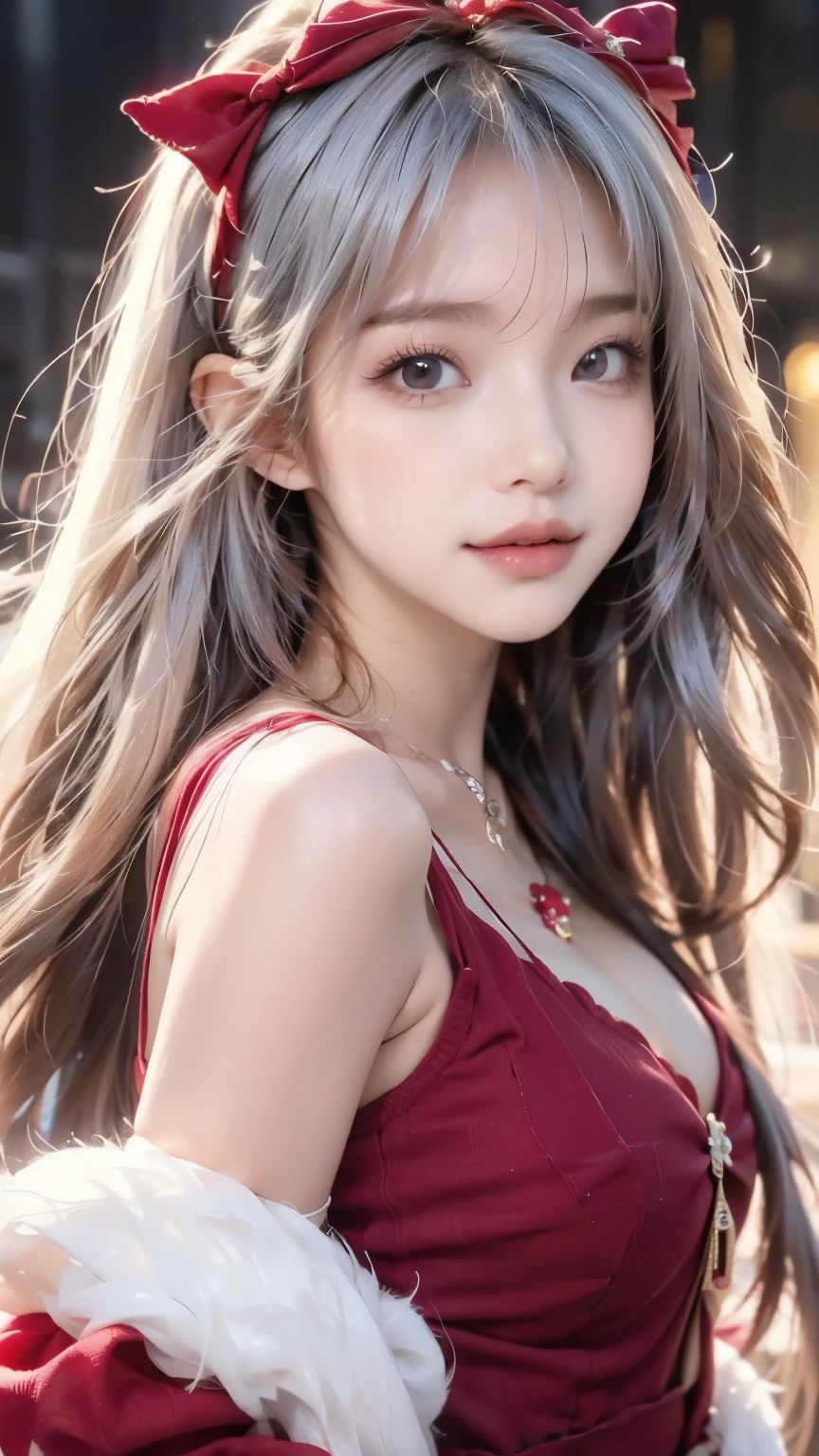 cute beautiful girl , Christmas costumes、Beautiful and sexy face、 Strong wind blows hair in front of your face 、Cute long haired silver hair , sexy eyes hidden in long bangs .、Christmas