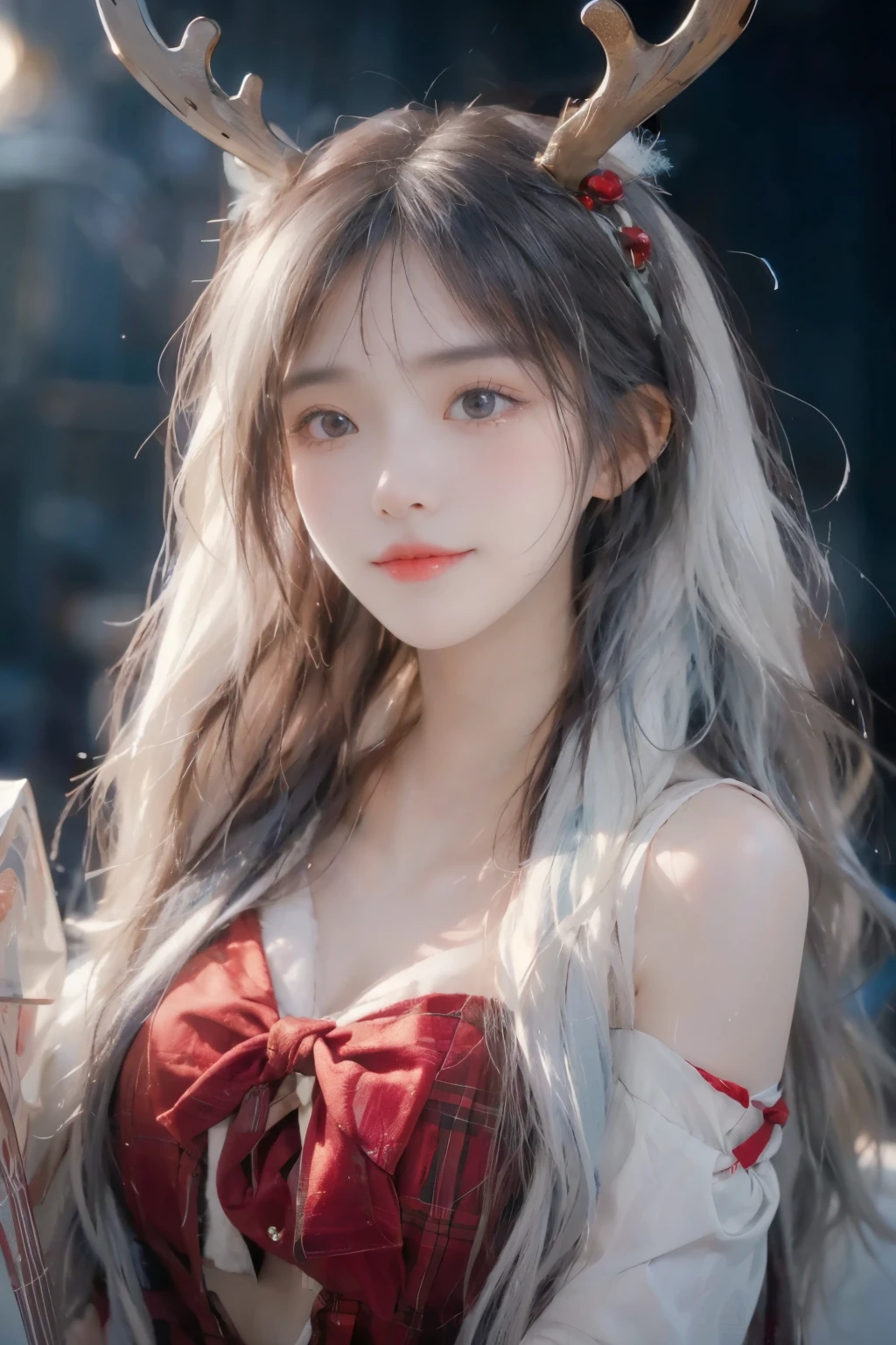 Long white hair - Red eyes - Black hair accessory - Hoodie - Elegant - Mysterious - Less revealing - Modest - Unique - Smiling - Attractive - Presence