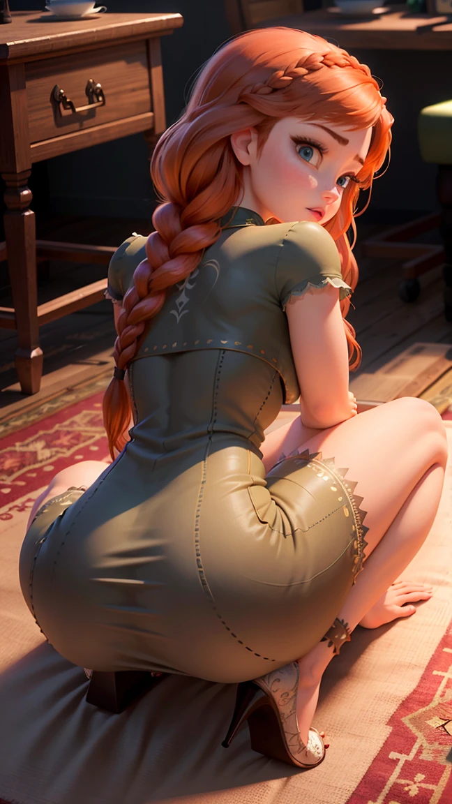((Best quality)), ((masterpiece)), (detailed: 1.4), 3D, a beautiful woman with sfw small breasts thick thighs, wearing extremely sexy white and red panties,sexy nurse,huge ass,lifted booty, (multicoloured blonde,red,pink,blue,orange hair), braided hair, front view,sitting on side of a wooden table.