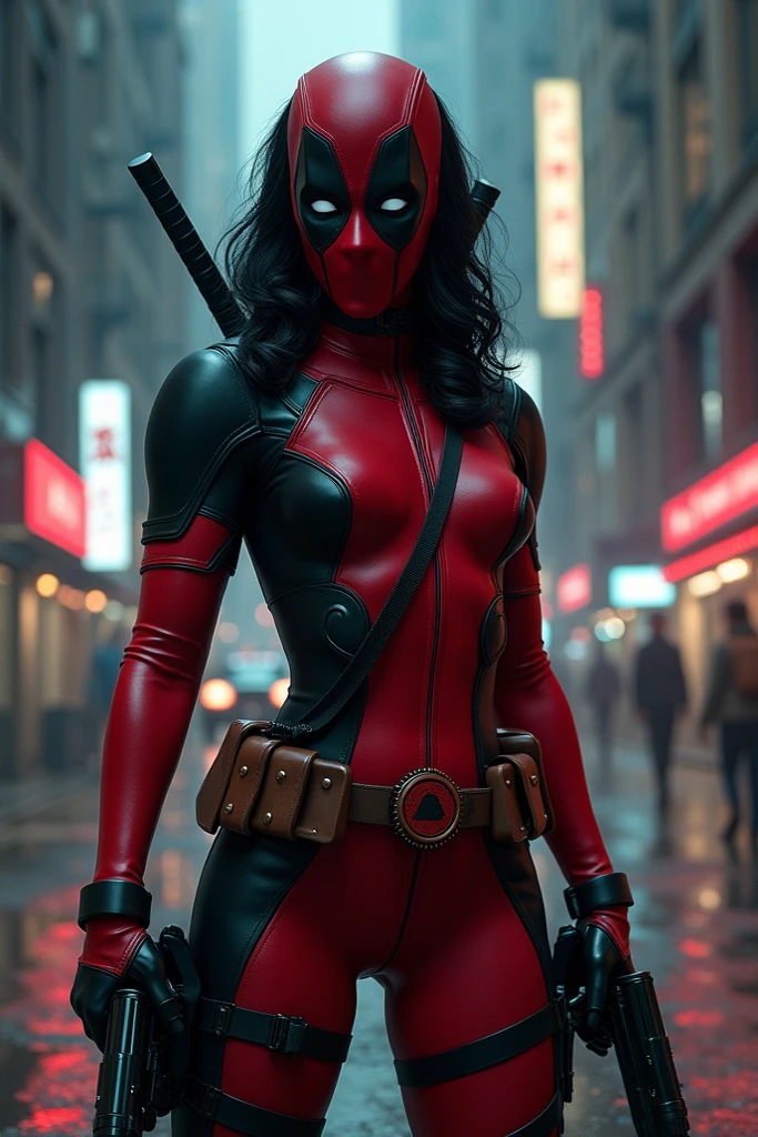 Deadpool, 1girl, cinematic, hyperrealistic, photo, 
full body, sexy, bare shoulders, big breasts, tight clothes, 
skin detailed, hdr, cinematography, raining, epic,  night,