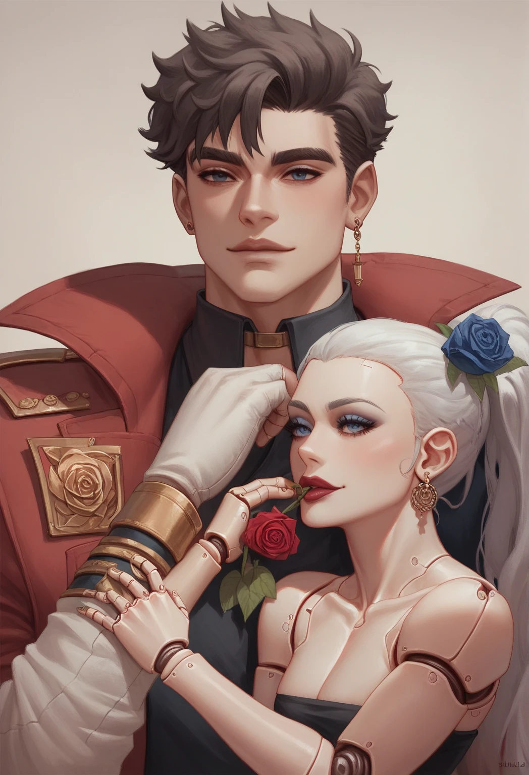 8k resolution, core_9, score_8_up, score_7_up, large angle, wide angle, photorealism, photorealistic, shiny skin: 0.5, ruanyi0481,
BREAK AsheOW and CassidyOW, Two different characters, different body's, different hair style, different clothes, different eyes, different face's, different outfits, different belt's, different pants, different shirts, different color hair, different persons,
BREAK Action description:(Ashe pushing Cassidy away), Hug lock, kiss, detailed eyes,
BREAK FIRST CHARACTER (FEMALE):(Ashe(Overwatch) description: dark-red eyes, makeup, lipstick, tattoo, women, girl, white sweater, black jeans, ick face, big chest, big boobs, big breasts, big booty, big ass, white hair, outraged face, ICK EYES,), 
BREAK SECOND CHARACTER (MALE):(Cassidy(Overwatch) description: Beard, Stubble, man, boy, brown hair , brown eyes, kissing cheek , brown sweater, blue jeens, wide waist, large belt buckle that spells "BAMF", wide body, big body, big muscles, wide legs,),
<pony:Ashe:1>,<pony:Cassidy:1>
