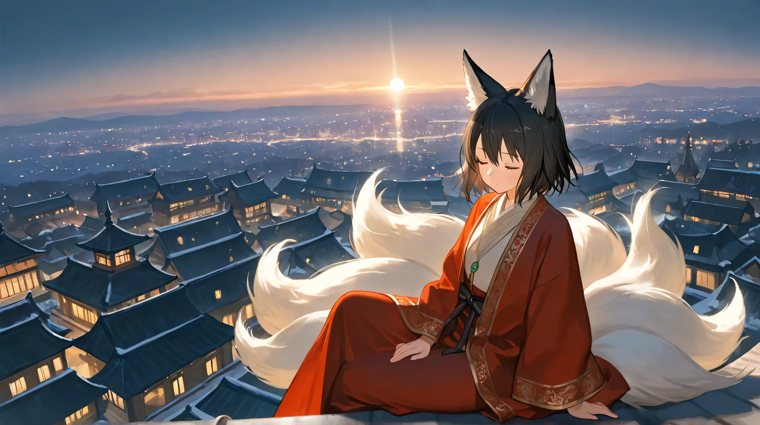 Masterpiece, Best Quality, Top Quality, Very Detailed, 1 girl, A beautiful nine-tailed fox girl with long flowing dark hair sits on a rooftop, overlooking a glowing cityscape at night. Snowflakes gently fall around her as she wraps herself in a warm red robe with golden embroidery. Her fluffy white tails surround her, adding to the cozy winter atmosphere. The city lights reflect softly on the snow-covered rooftops. She has a serene expression, eyes closed, as if lost in deep thought. Ultra-detailed, soft lighting, cinematic fantasy style.