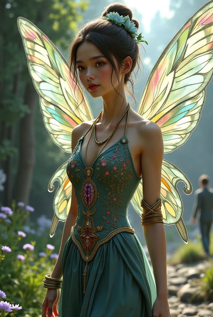 high details, best quality, 16k, RAW, [best detailed], masterpiece, best quality, (extremely detailed), full body, ultra wide shot, photorealistic, dark fantasy art, goth art, RPG art, D&D art, a picture of a dark female fairy showing flowers in a florist shop, extremely beautifil fairy, ultra feminine (intense details, Masterpiece, best quality), best detailed face (intense details, Masterpiece, best quality), having wide butterfly wings, spread buterfly wings (intense details, Masterpiece, best quality), dark colors wings (intense details, Masterpiece, best quality), black hair, long hair, shinning hair, flowing hair, shy smile, innocent smile, blue eyes, dark red lips, wearing [red] dress latex corset (intense details, Masterpiece, best quality), dynamic elegant shirt, chocker, wearing high heels, in flower shop (intense details, Masterpiece, best quality), [extreme many flowers] (intense details, Masterpiece, best quality), dark colorful flowers (intense details, Masterpiece, best quality), flower shop in a dark goth era street background, dim light, cinematic light, gaslight lamp light, High Detail, Ultra High Quality, High Resolution, 16K Resolution, Ultra HD Pictures, 3D rendering Ultra Realistic, Clear Details, Realistic Detail, Ultra High Definition