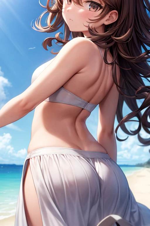 femele,12 years old,Brown hair,maikurobikini,(((White boxer shorts))),Beautiful ponytail,Blue eyes,Hair fastening to bangs,Wet with water,Look back、sand beach,