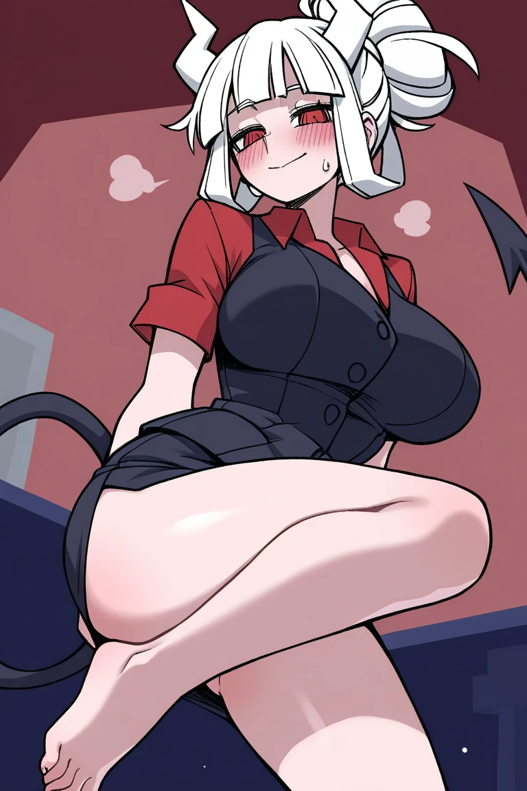 beelzebub(helltaker), freckles, white background, collarbone, 1girl, pants, large breasts, red eyes, looking at viewer, demon horns, white hair, vest, shirt, waistcoat, blush, smile, red footwear, red pants, short hair, earrings, demon girl, red gloves, cleavage, black shirt, gloves, jewelry, simple background, collared shirt, horns, white horns, solo, sitting
