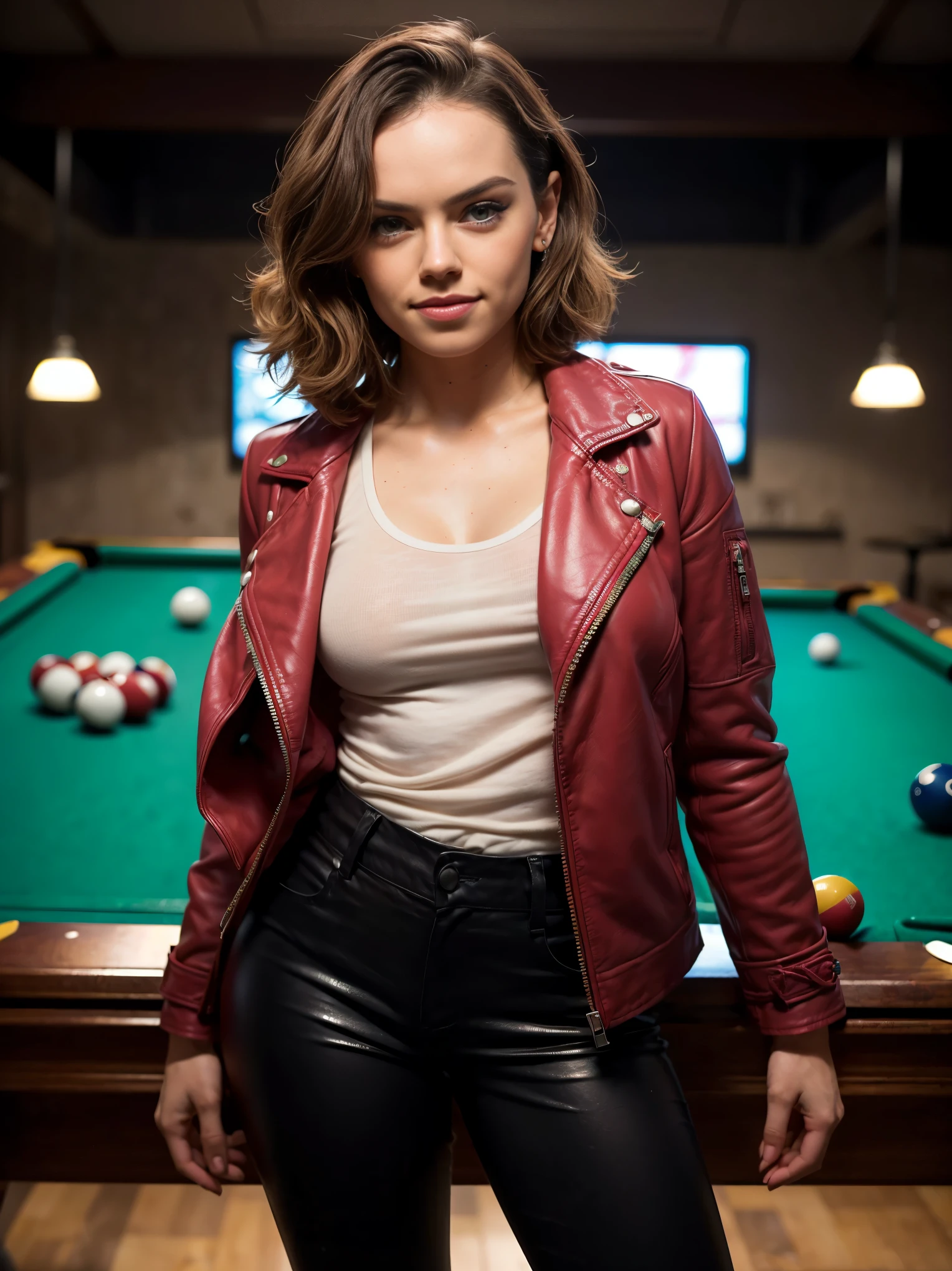 (Daisy Ridley, perfect eyes, brown eyes, realistic eyes, standing), (dim lighting, shadow, darkness, nighttime),(best quality, 4k, Altas, master part:1.2),(large breasts:1,perfect round butt),(wavy hair:1.1),ultra-detalhado, (slight smile),(red leather jacket, the jacket has many zippers and rhinestones:1.1, zipper all over the jacket:1.1,(black pants, sexy pose), (t-shirt has a mix of turquoise and pink colors:1), (background is a pool hall), a figura deve estar deitada na cama de forma sedutora, A figura deve ter belos olhos detalhados, beautiful detailed lips, and extremely detailed eyes and face with long eyelashes. A paleta de cores deve apresentar tons quentes, Enhancing the sensuality of the image, highlighting the contours of the figure and creating a sense of depth and mystery