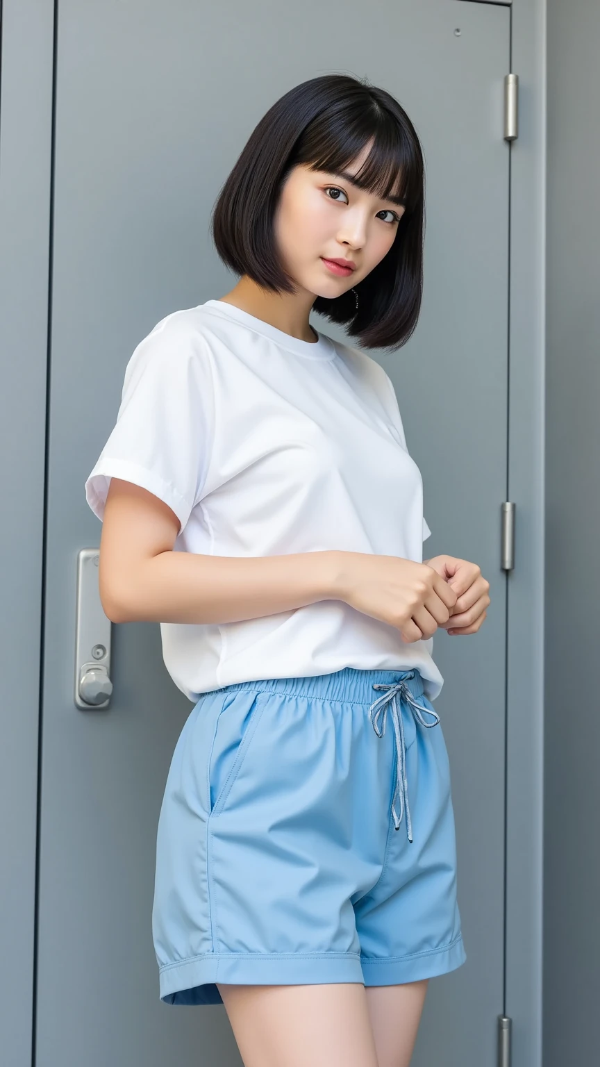 akanekurokawa, akane kurokawa, bangs, blue hair, medium hair, dark blue hair,
BREAK shirt, short sleeves, towel, t-shirt, red shirt, towel around neck, sweat pants,
BREAK indoors, mirror, gym, sweat,
BREAK looking at viewer, (cowboy shot,
BREAK (masterpiece:1.2), best quality, high resolution, unity 8k wallpaper, (illustration:0.8), extremely detailed face, perfect lighting, extremely detailed CG, (perfect hands, perfect anatomy),