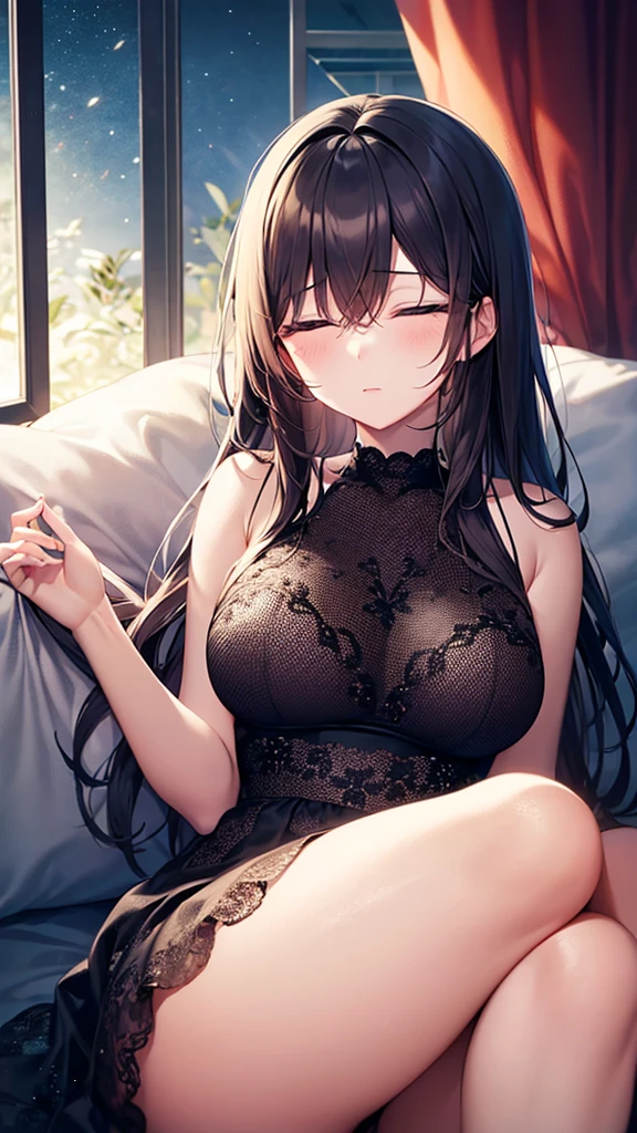 (masterpiece、top-quality、hight resolution、Unity 8k Wallpaper、extremely details CG:1), On a quiet night, a lonely widow is depicted in an elegantly decorated bedroom. She sits on a soft, fluffy bed, the dim light casting soft shadows around her. There is a deep longing in her expression, and she seems to be immersed in the memory of a former love with her eyes slightly closed. Despite her refined and modest appearance, there are signs of sexual desire in her gaze, and she is about to begin masturbating. The atmosphere is a mixture of loneliness and craving for human skin, capturing a rare moment of lust in a chaste woman. nsfw