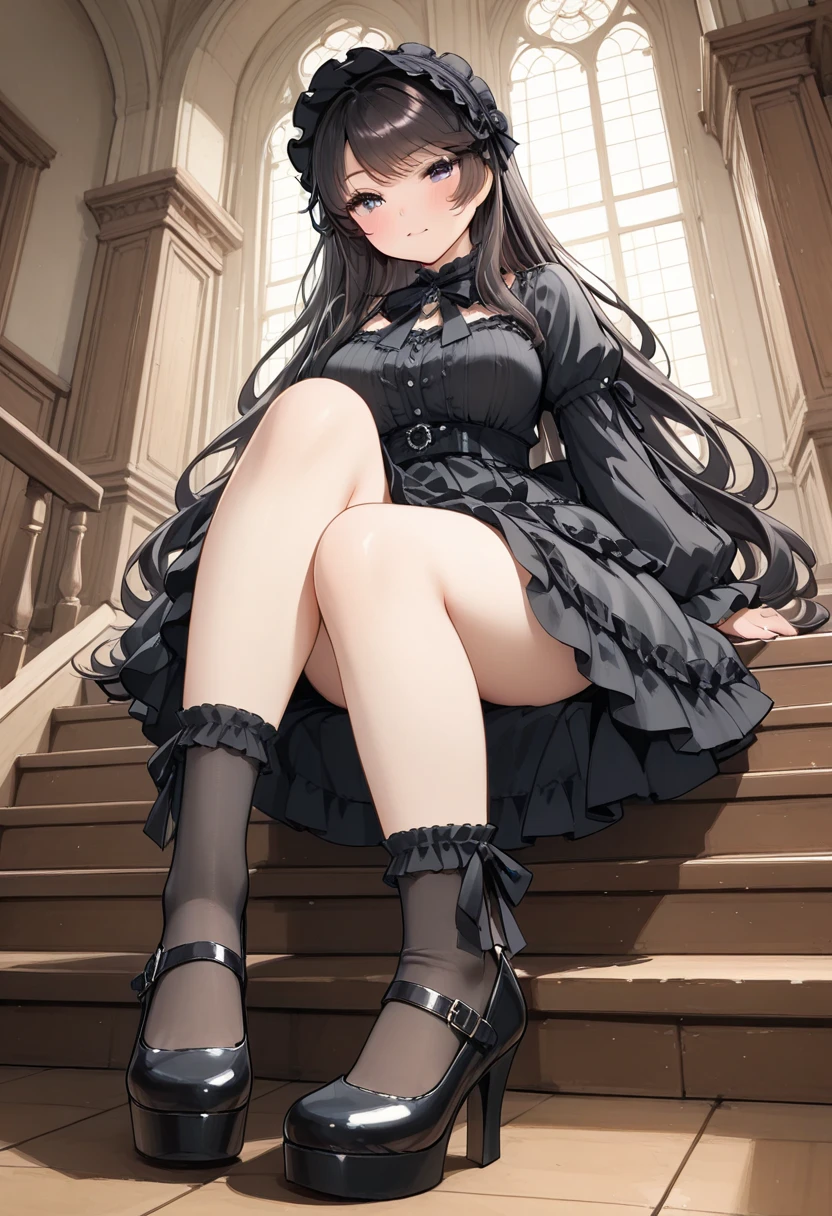 (shoujo-style), (romance manhwa), ((masterpiece,intricate details)),1girl,mature female,Curly hair,,brown eyes,:d,,
BREAK
sit on the stairs, put one's legs together,school uniform,white ((pantyhose)),high heels
BREAK
A mystical forest is adorned with ancient, towering trees, their gnarled branches creating a mesmerizing canopy that filters sunlight into a dappled, enchanting world below.,,,from below:,,depth of field,looking at viewer,