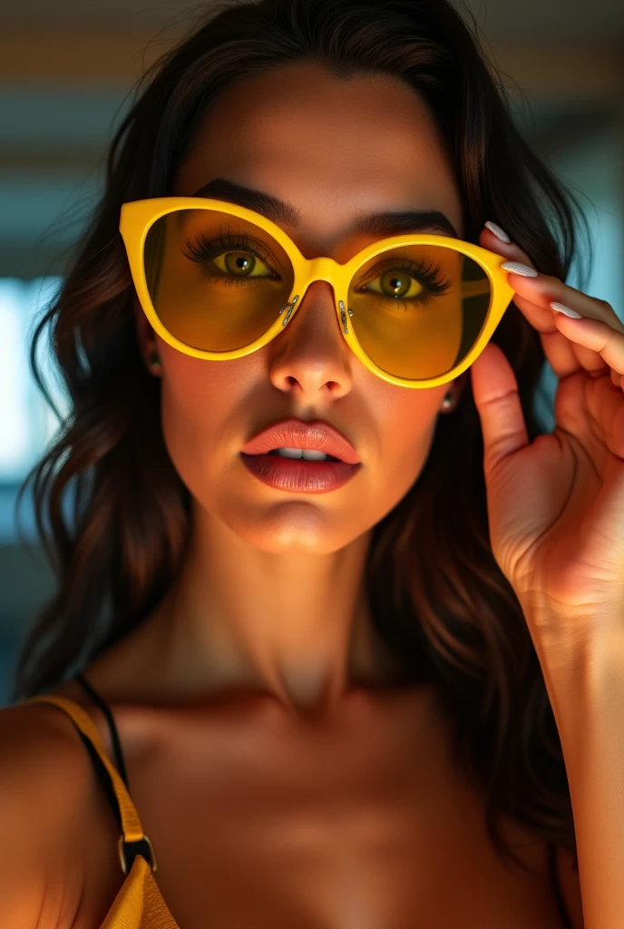 60 year old brunette white woman, laying on a bed with her head on a pillow, little fat, pale white skin, blue eyes, camera man having a above view of her face, looking at the camera with a orgasmic look, neon green choker, neon green lingerie , neon green glasses, eyes crossed, mouth slightly opened, 