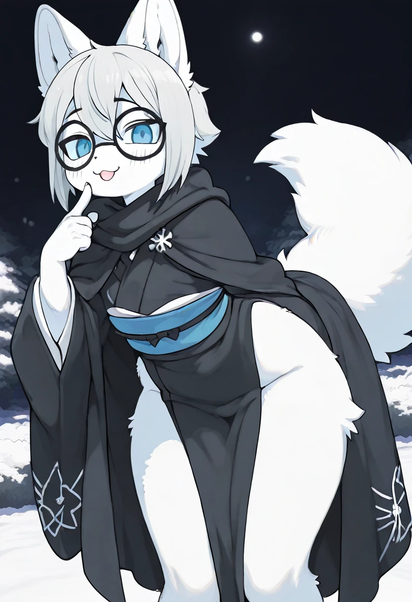 Furry, Furry dragon (anthro), cute fur, eyes black, god of eyes, gray witch hat with black bow, fur all over belly and thigh, artwork, detailded, Perfect artwork, (VOLUMOUS WHITE fur ON THE NECK), White dragon's tail, Kemono, wearing glasses without rounded lenses, cute thighs, shiny thigh, gray striped silk socks, and black, black and gray striped silk gloves, detailed crotch, no clothing, dragon horns, open arm, legs together, standing backwards, sample crotch, leaning forward