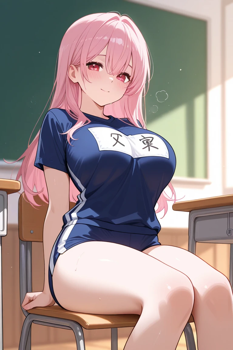 1 girl, parted lips, blush, compensate, light smile, full body, wide angle, From above, classroom, light, shine, thighs thighs thighs, clavicle, tight waist, (table top), wallpaper,chest bulge、thin、(white gym uniform without text、navy blue bloomers)、wet body、cum on face