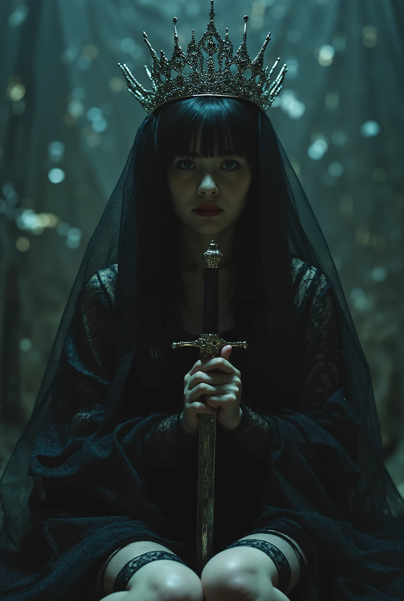 (((The Dark Throne in the Dark Castle:2.0))),((Night sky with constellations:2.0)),(((Dark horror atmosphere with a gothic feel:2.0))),(((pray holding up a shining copper sword:2.0))),sit with open knees,((seiza:2.0)),One female ghost,((super cute face:2.0)),(Beautiful well-balanced face :2.0),((long hair with bangs:2.0)),(black hair:1.5),(beautiful eyes:1.5),glamorous shot of a 20-year-old Japanese woman, Slender Beautiful Body ,((model body type:2.0)),((slim body:1.7)),perfect body line,Ideal Proportions,((big on the floor:2.0)),((スリーサイズ90-58-86:2.0)),((G cup breasts:2.0)), popup,((((Underboob:2.0)))),Bare thighs,Sensual Thighs,delicate body,(Glutinous Flesh:1.7),harmonious posture,((Realistic breast depiction :1.7)),Carefully Depicting Limbs Based on Perfect Anatomy,((super high-leg leotard in the style of the king of darkness with a copper sword:2.0)),((super high-leg leotard with a beautiful, shiny copper sword:2.0)),((Hi-leg leotard with a large shiny copper sword:2.0)),(Black lipstick:2.0),((Wear a black lace short veil over your head:2.0)),((((Coarse mesh fishnet stockings:2.0)))),(((Copper crown:2.0))),Concept Art,(top quality:2.0),(masterpiece:2.0),((超high resolution:2.0)),high resolution,UHD,(Delicate Description), carefully drawn with butterfly wings ,32k,((realistic skin texture:1.5)),(((ultra-realistic:1.5))),carefully draw eyelashes,very detailed face,Highly detailed female hand, Sexy appearance ,very sensual,(Blurry Dim Backgrounds :1.5),professional photo shoot,(movie light:2.0),((Rembrandt-style lights:2.0)