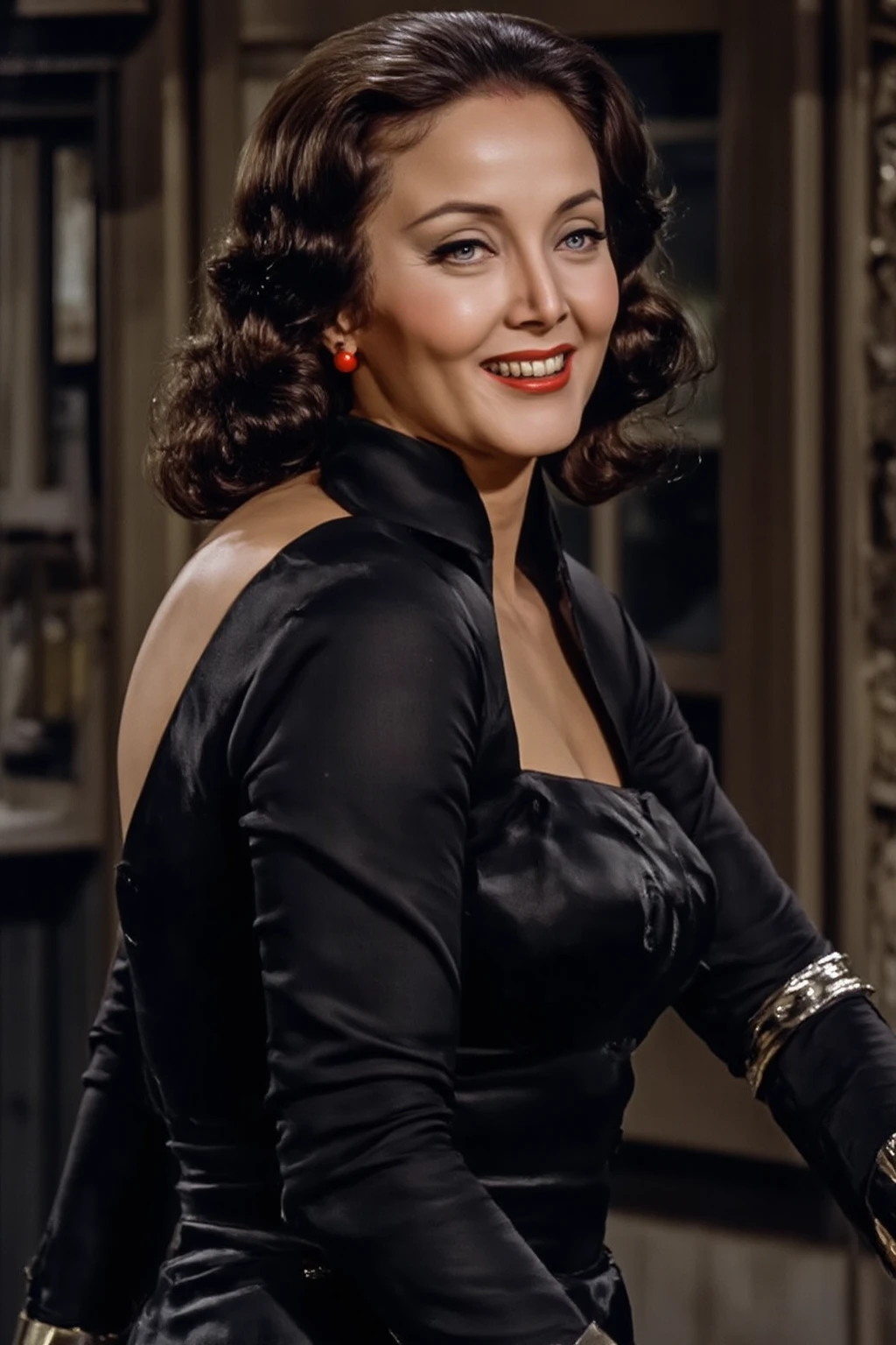 Joan Crawford, a Hollywood legend, poses elegantly in a black and white photograph, wearing a luxurious fur coat and holding a fur shawl. The timeless image features a sophisticated woman in a flowing dress, with a poised posture and a rich, luxurious atmosphere. The vintage photograph showcases Crawford's beauty and style, with a focus on her attire and the overall composition of the scene.