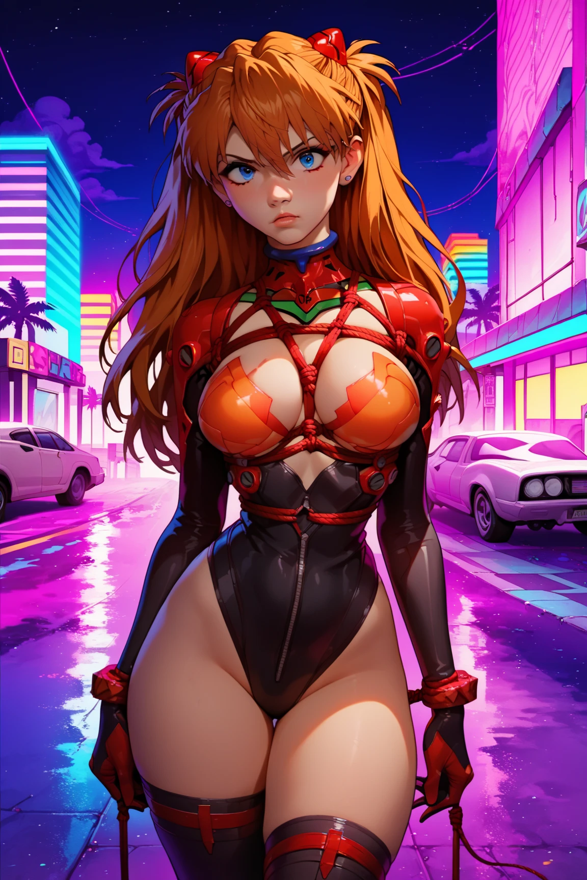 hd masterpiece, anime girl, 1girl ((32year old, dressed in a blue bikini, medium breasts, short orange hair, pony tail styled hair, perfect model body:1.3, detailed blue eyes:1.5, Arrogant Smile on face, looking from behind:1.2)), (Background: Swimming pool, on top of a roof top, skyline of a cyberpunk city), dreamy cyberpunk girl, anime cyberpunk art, digital cyberpunk - anime art, cyberpunk anime girl, digital cyberpunk anime art, cyberpunk, cyberpunk anime art, cyberpunk vibe, cyberpunk art style ((solo:1.6))

