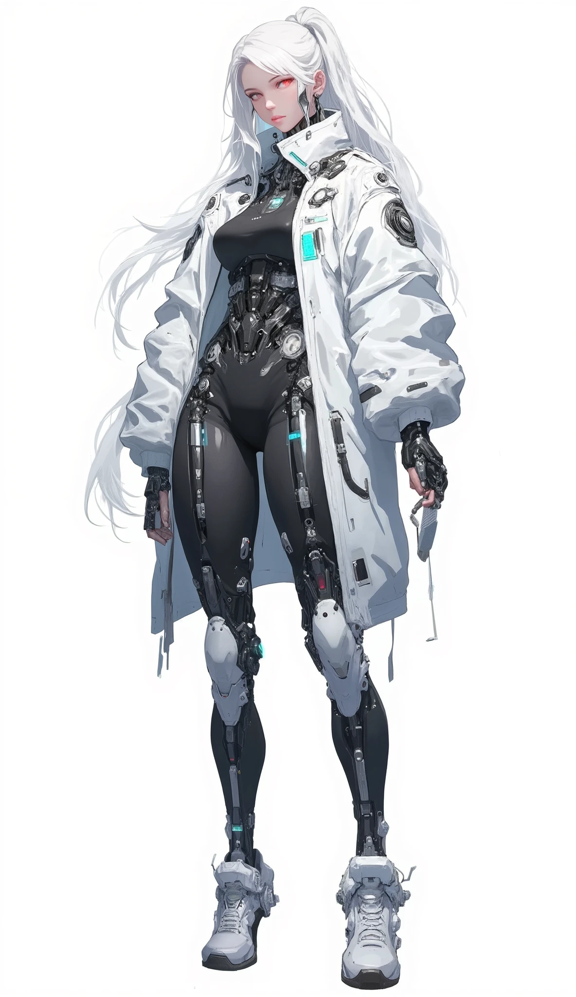 AI woman with cybernetic body black mechanics and darkgray plastic parts, jacket, very tall, with thick thighs, wide hips, long legs, high heel, and a slender waist. Dark red glowing eyes, long flowing white hair In a high ponytail . Alluring, looking directly at the camera. Giant ultrafast dichroism and birefringence with an active nonlocal metasurface. Anime style, extreme detail, extreme photorealism, realistic lighting, shadows, and textures. nothing in hand. 8K resolution with ray tracing. Isolated white background. Hyper-professional quality, extreme detail, perfect continuity, anatomically correct, flawless anatomy. Inspired by Baiōken Eishun and rayonism. Official art, character full size.