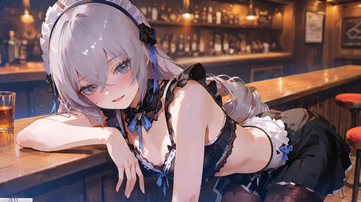 (Enrich the picture,Masterpiece level quality),Beautiful 8K CG artwork,1girl,solo,morgan le fay (fate),detailed face, perfect face, perfect eyes,blue eyes,Long Hair, pony tail,Very long hair, big boob, black bow,Hair Bow, thighs,side locks, French braid, grey hair,Slim and soft,big breasts,