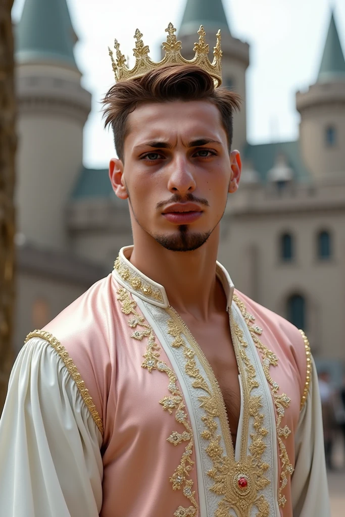 Young handsome cute white skin soft skinny beautiful face shirtless In the Arena decert dressed in golden Arab clothes on a camel