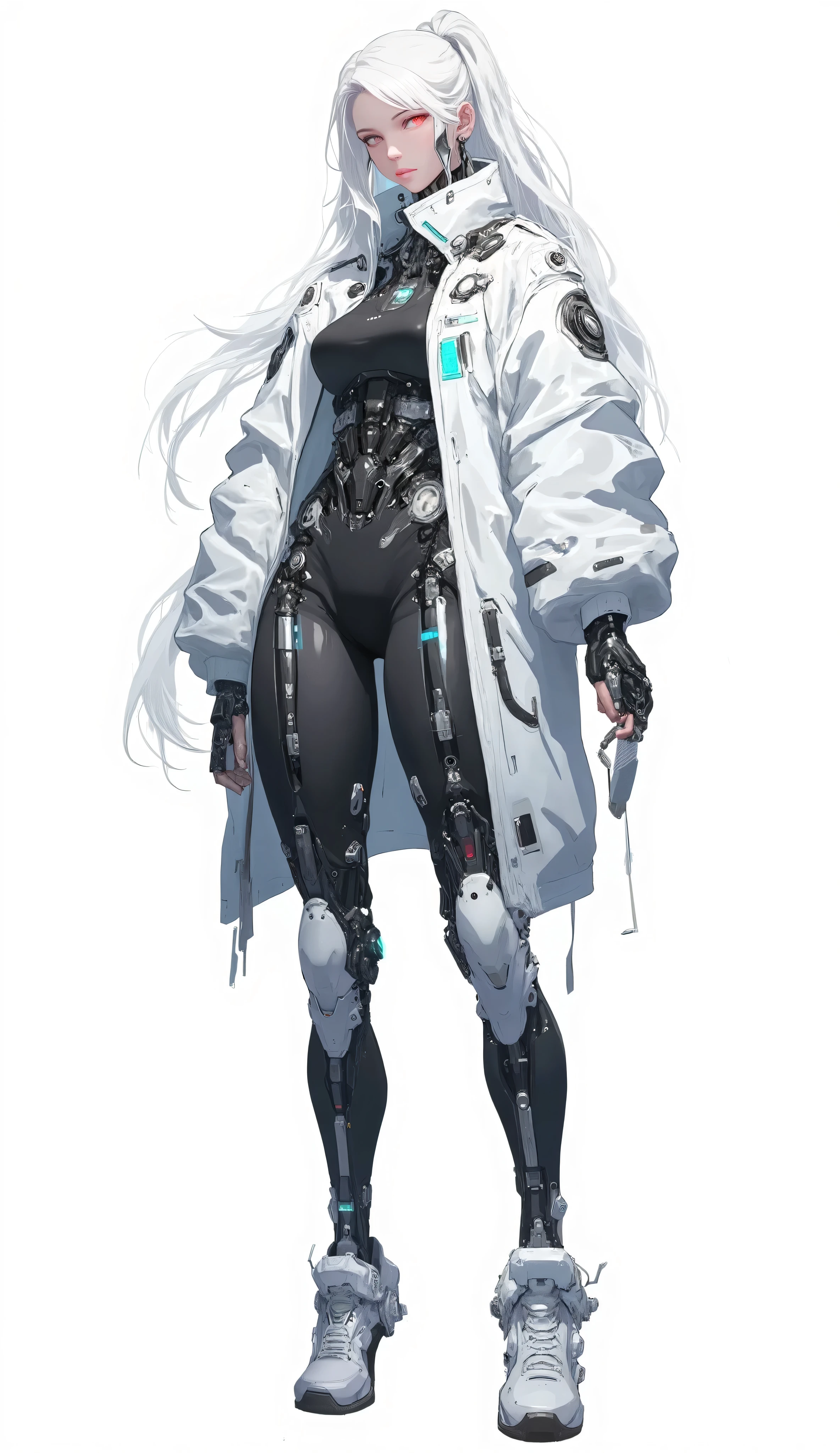 AI woman with cybernetic body black mechanics and darkgray plastic parts, jacket, very tall, with thick thighs, wide hips, long legs, high heel, and a slender waist. Dark red glowing eyes, long flowing white hair In a high ponytail . Alluring, looking directly at the camera. Giant ultrafast dichroism and birefringence with an active nonlocal metasurface. Anime style, extreme detail, extreme photorealism, realistic lighting, shadows, and textures. nothing in hand. 8K resolution with ray tracing. Isolated white background. Hyper-professional quality, extreme detail, perfect continuity, anatomically correct, flawless anatomy. Inspired by Baiōken Eishun and rayonism. Official art, character full size.