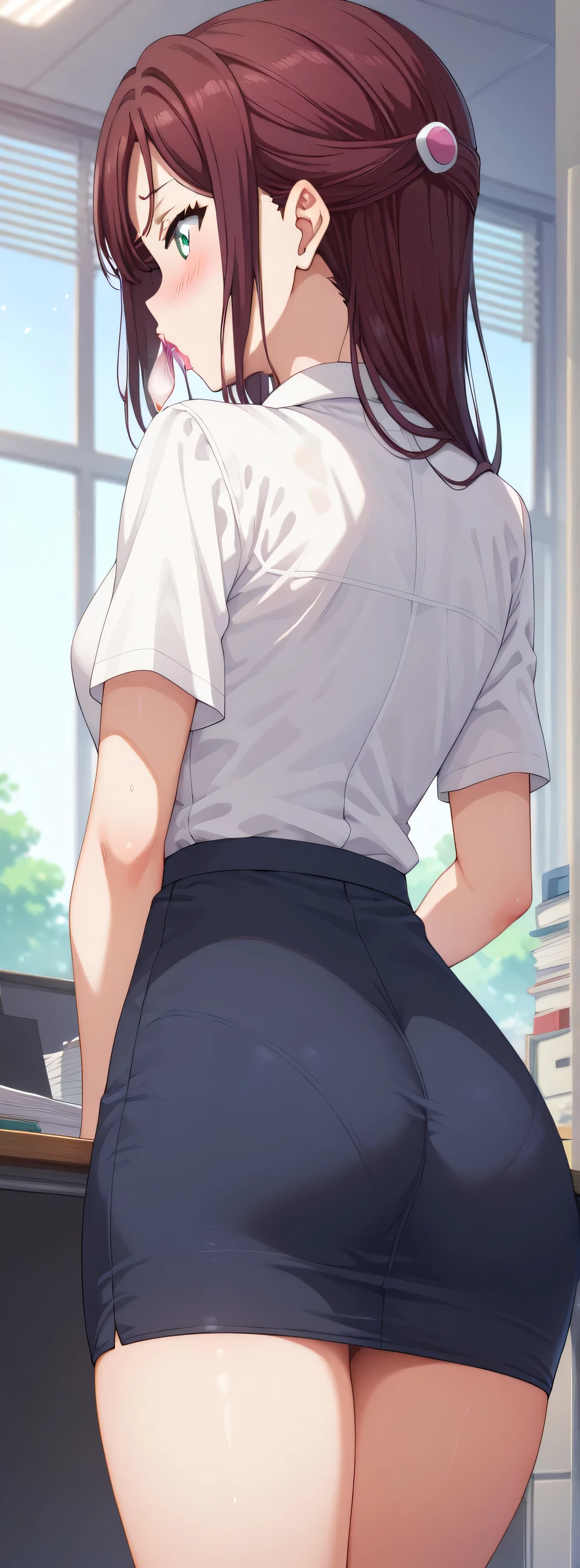 An image of Riko Sakurauchi , blushing in an office uniform, tight white blouse and a short gray miniskirt, stop,   used condom , condom in your mouth, enfoque desde abajo, Back view 