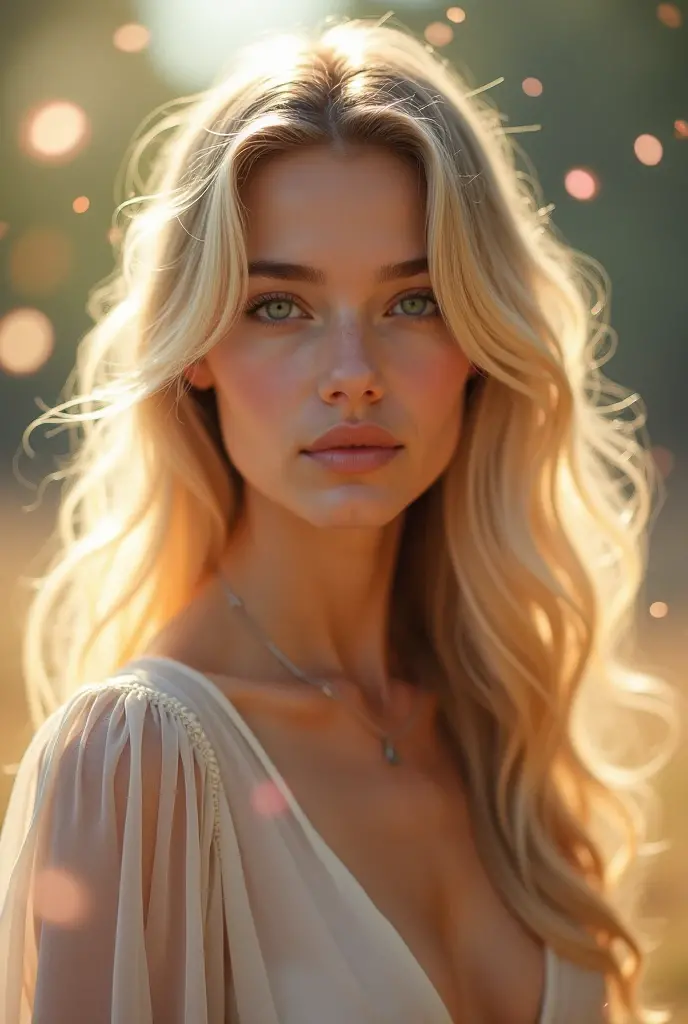 BlondeBeautiful 25 year old woman, blonde hair, green eyes, full and plump lips, angelic face, Surrealism, UHD, super detail, high quality, highres, best quality, 4K