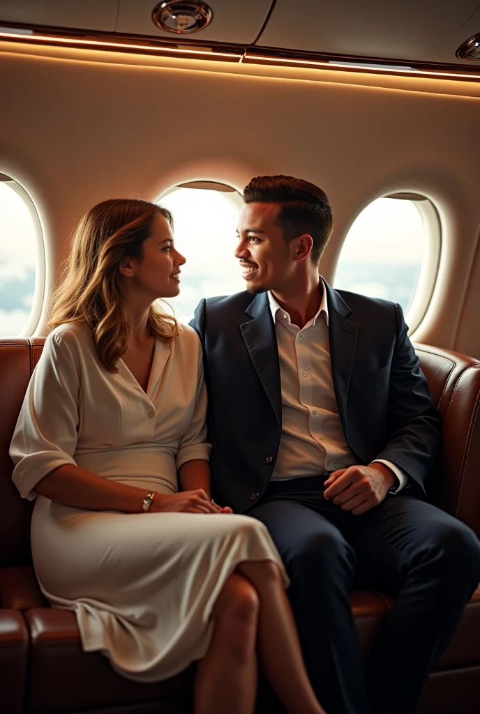 Cinematic action scene for romantic modern novel where MALEFICENT DANICA an elegant woman in her 30s, sitting comfortably in a business class airplane seat. She has a relaxed demeanor, dressed in a stylish and elegant casual dress for travel. Her blonde or light brown hair is (((loose))) and styled. She wears minimal, sophisticated jewelry and has a natural makeup look that enhances her features. She sitting with a calm expression and looking on PEYGAN SINCLAIR. Near to her sitting PEYGAN SINCLAIR, a handsome man in his early 30s. He has a well-styled haircut featuring a classic look. His hair is medium-length with a slight wave, adding volume and texture, while the sides and back appear shorter and neatly trimmed. The hairstyle is likely achieved with a side part, giving it a clean, refined appearance. His beard and mustache that complements his strong jawline. His skin tone is fair, and his features are sharp and defined. His facial expression is a little scared. He dressed in casual outfit. Around them, the business class cabin features plush seating, ample legroom, and small details like a folded blanket, a pillow, and a glass of water on the side table. The atmosphere is one of comfort and luxury, typical of a premium airline experience. Cinematic action scene, highly detailed, wide shot, Low Angle Shot, 4K, highly detailed, epic scene, dynamic scene. The Priest stands between the bride and groom, reciting vows. The lighting in the scene creates a soft outline and adding drama and depth to the image.