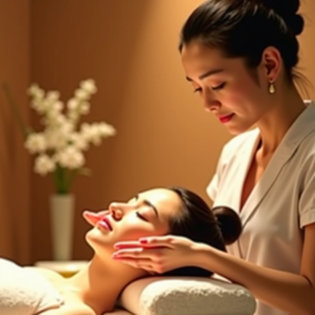 Asian woman getting a massage at spa with woman in white gown,