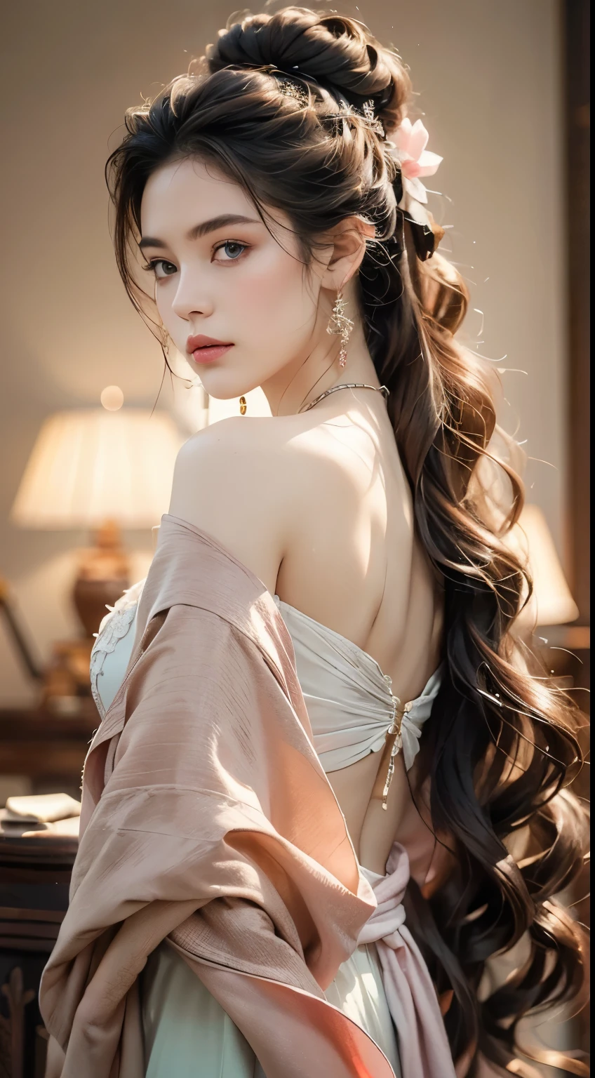 Best Quality, Masterpiece, Ultra High Resolution, (Realisticity: 1.4), Original Photo, 1girl, Pink Off-the-Shoulder, Cinematic Lighting
