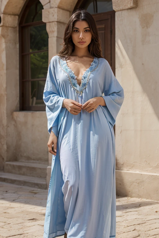 RAW photo,candid photograph, full body,photo of a beautiful,influencer,30yo Kurdish woman,wearing a pastel Kaftan, detailed skin,pubes,naked, looking at viewer, thick body structure,white background,no background, candid pose,blue light, film grain, kodak color, instagram LUT