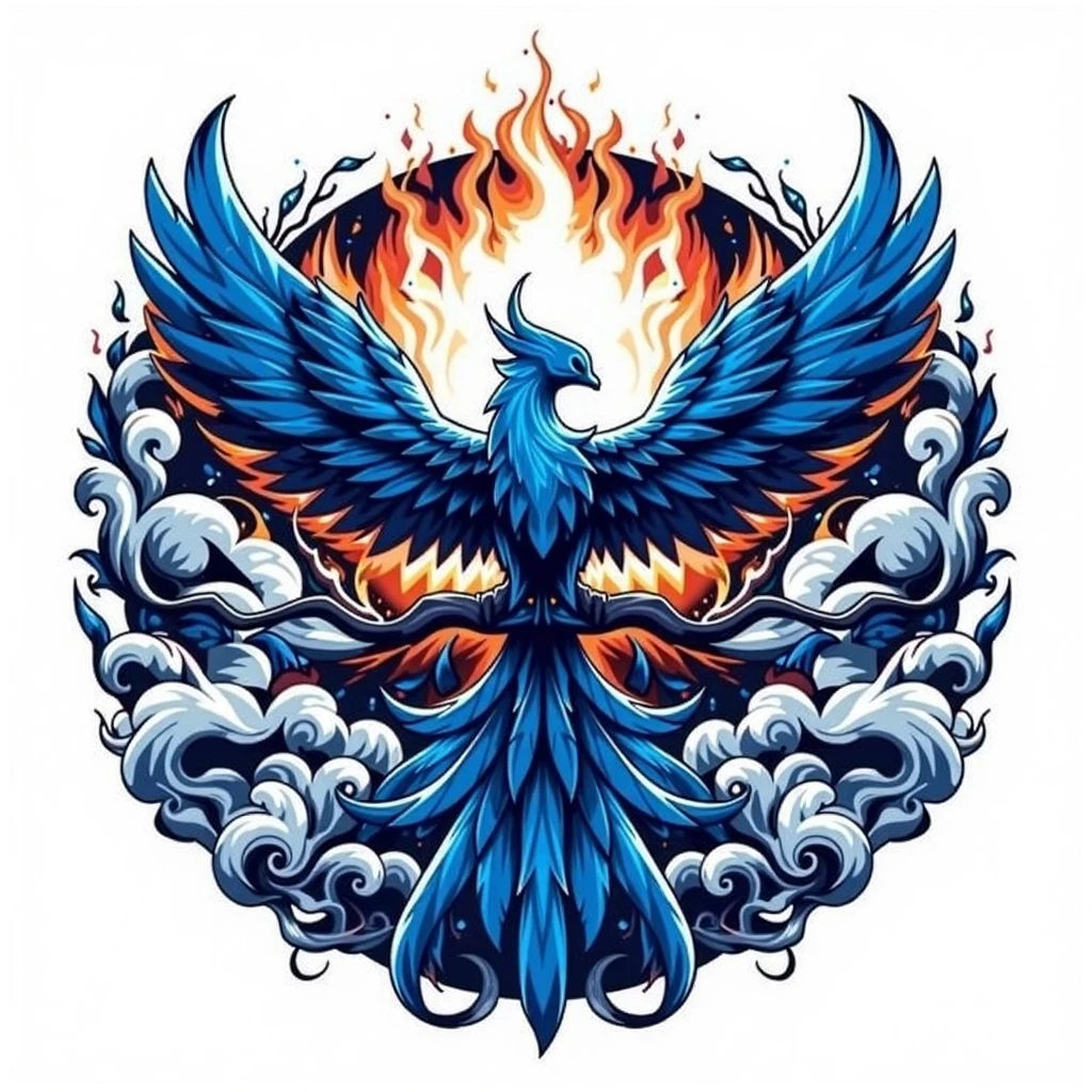 "Create a detailed blue phoenix logo, with wings open in a majestic gesture. The phoenix must be screaming, with an open beak and a powerful, fierce expression. Use vibrant shades of blue for the phoenix&#39;s body and wings, with silver or white details to highlight its feathers and features. The background must be plain or transparent, focusing attention on the phoenix. estilo moderno e elegante, suitable for a logo."