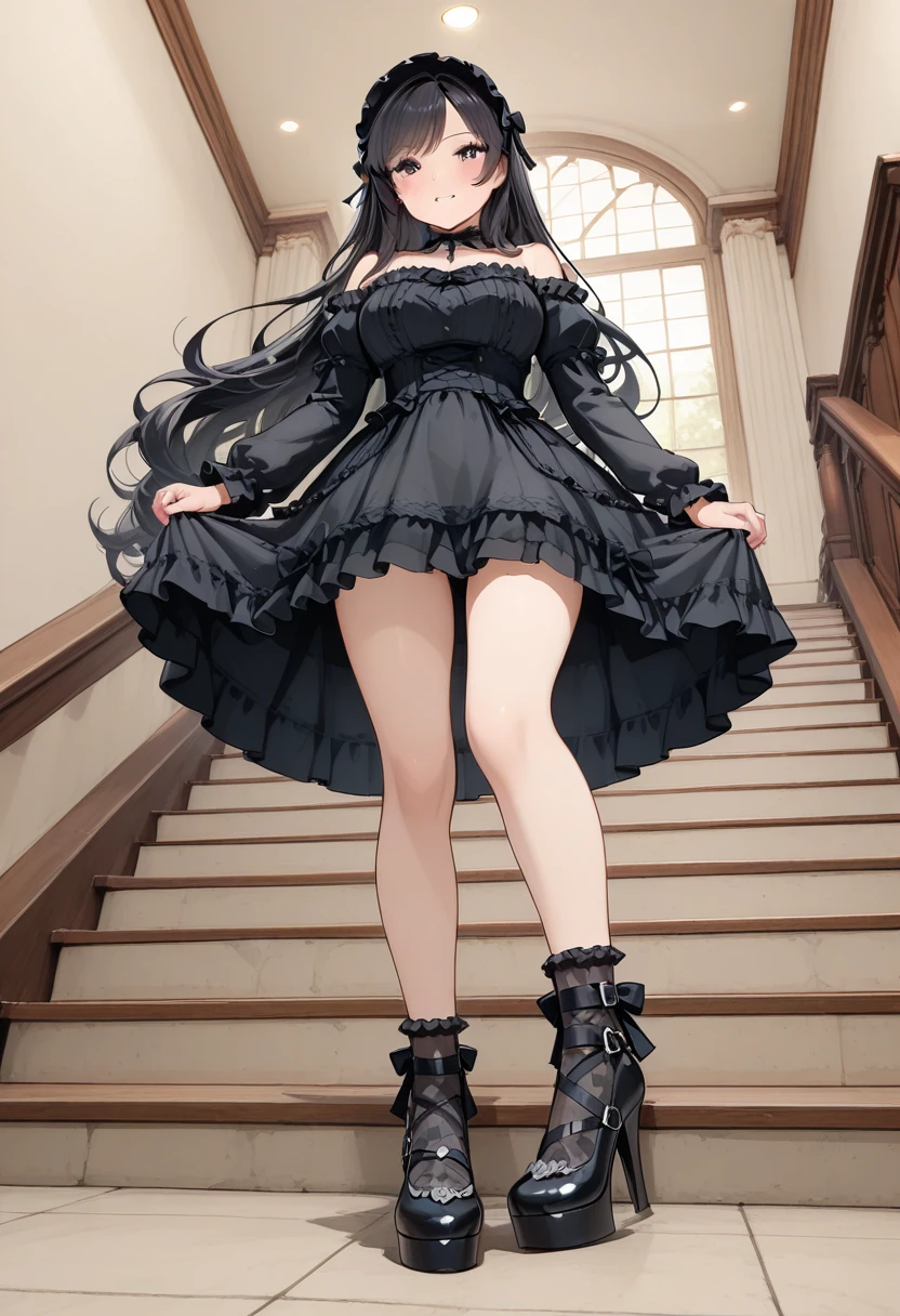 1 girl, double v, smile, chest, sleeveless top, thigh high skirt, knee high boots, Modern attire, long hair, brown hair, curly hair, hazel eyes, Are standing, from below,