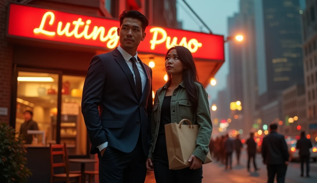 Man and woman standing in parking lot,Cinematic texture,Still,Real Human,underground room,Asian people