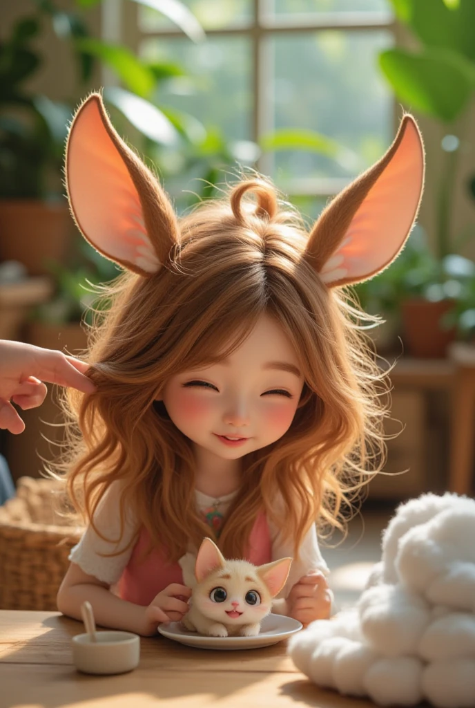 woman have big 50cm ear, 4meter tail and very fluffy. Are lying horizontally, one hand supporting chin, one hand holding cookie and putting it in mouth