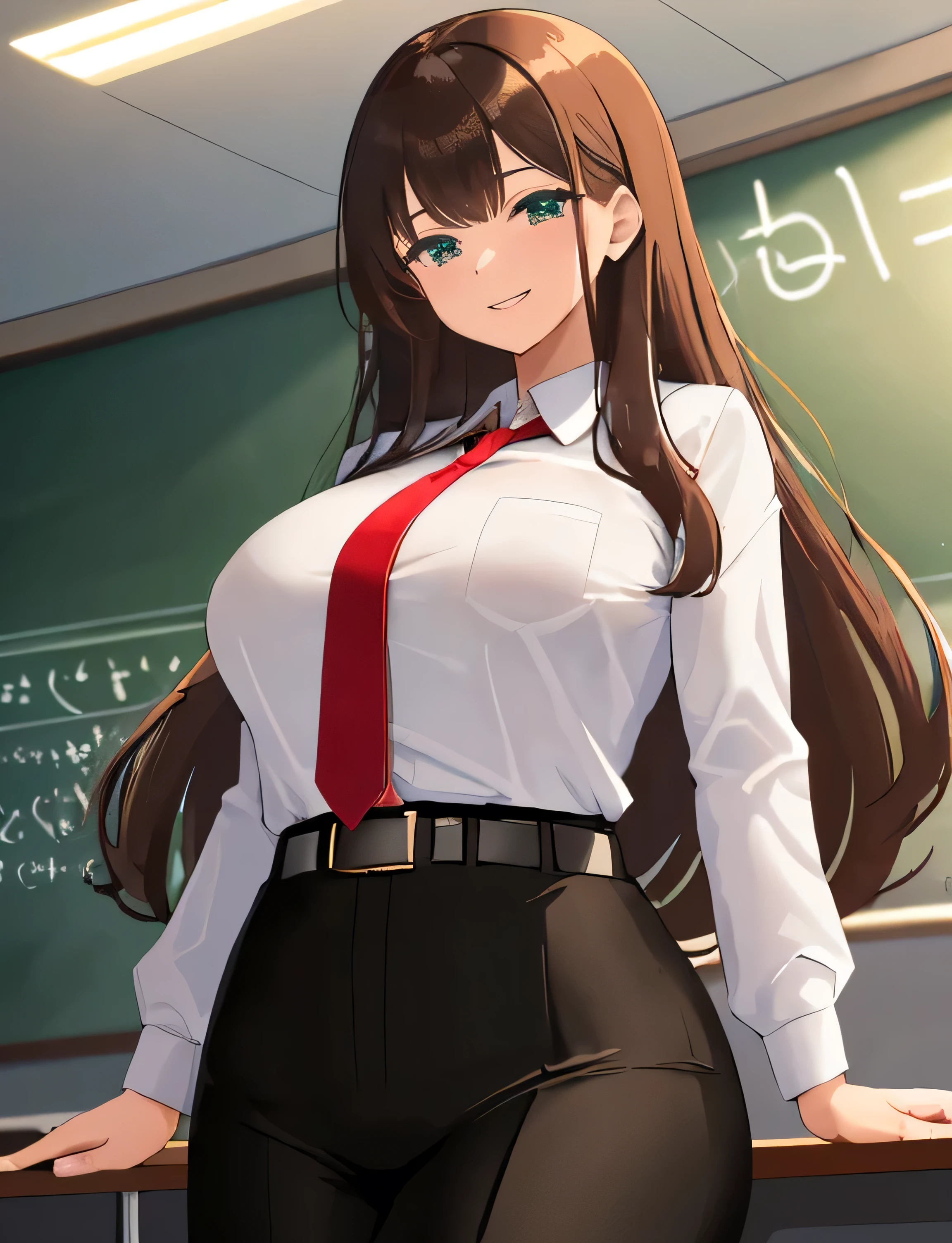 ((best quality)), ((masterpiece)), (detailed), (best lighting), 1woman, green eyes, long hair, brunette hair, bangs, teacher, white blouse, black pants, red tie, belt, curvaceous body, big chest, mischievous smile, classroom, undefined,