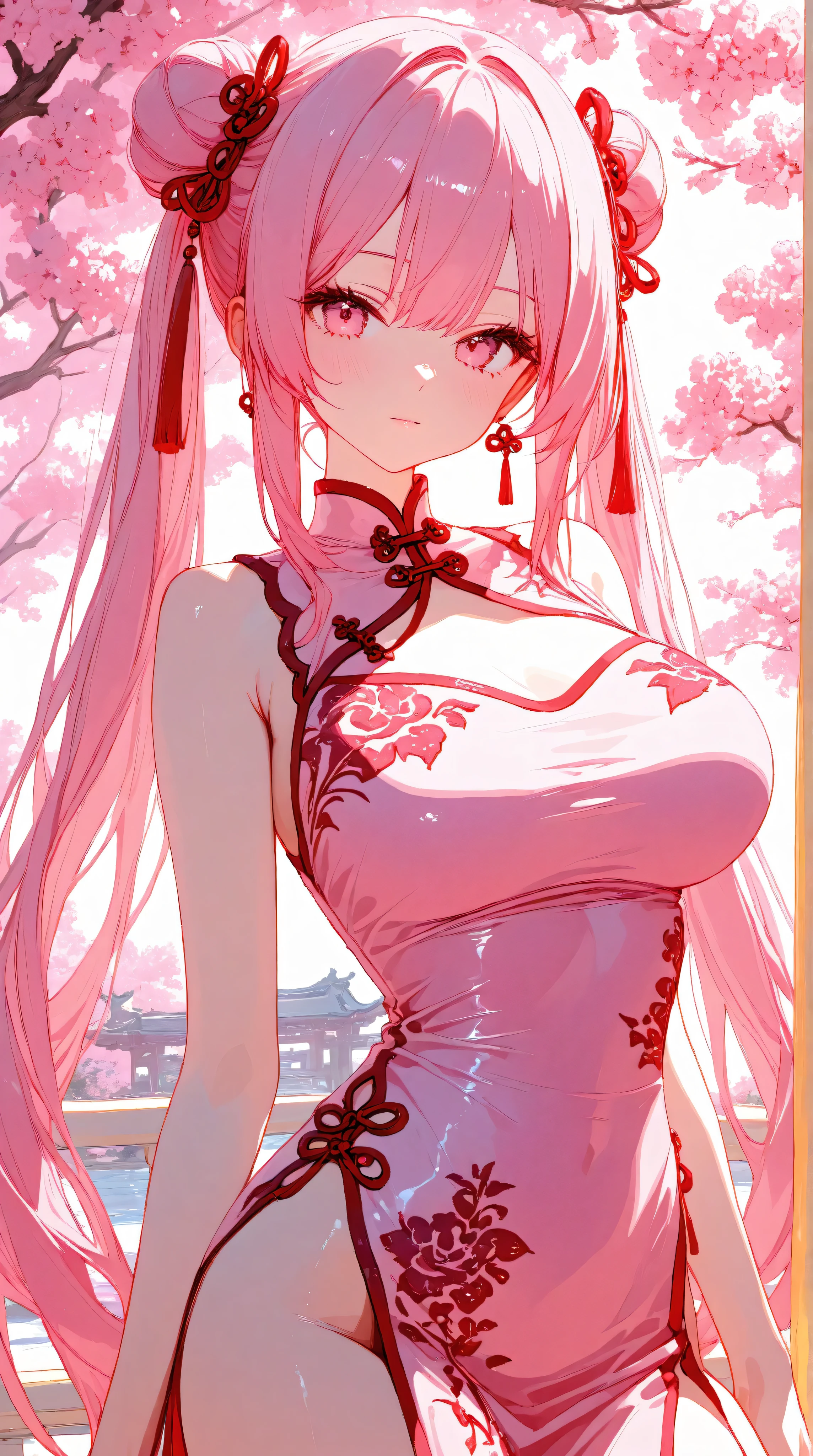 ((top quality)),( Ultra High Definition ),(is very well detailed),( detailed description),(( best CG )),(masterpiece), Ultra Detailed Art ,Amazing Painting Art,(art with delicate details:1.5), woman, beautiful and well-groomed face, Cut China Dress, white, pink, yellow, Active, big breasts,