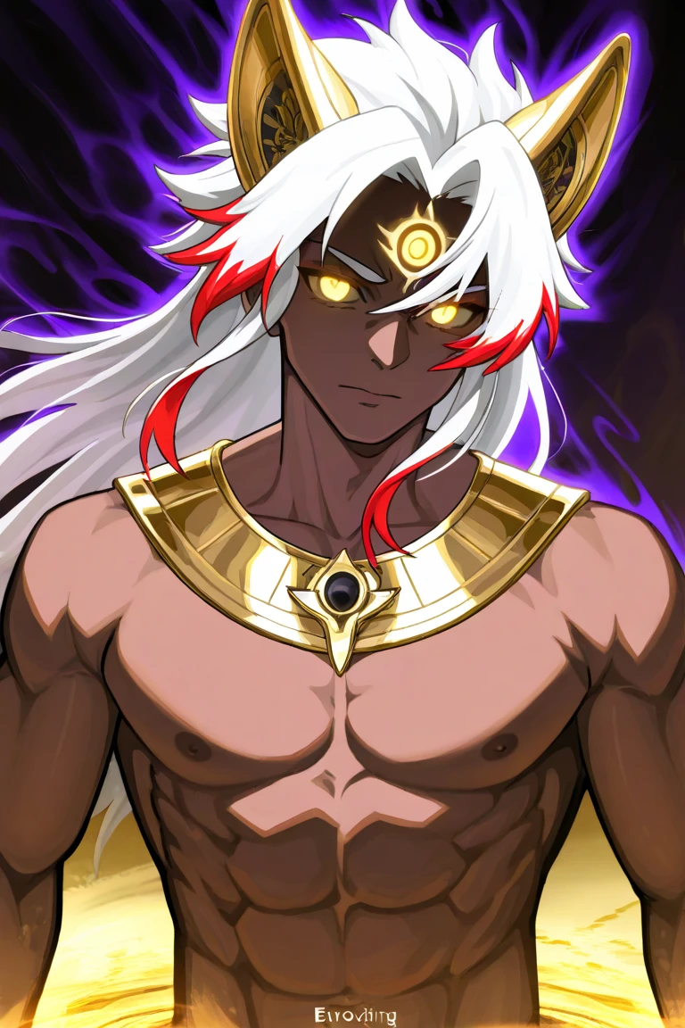 long hair, dark skin, golden eyes, hair over one eye, mature male, male, elf ears, thick thighs, white mage
